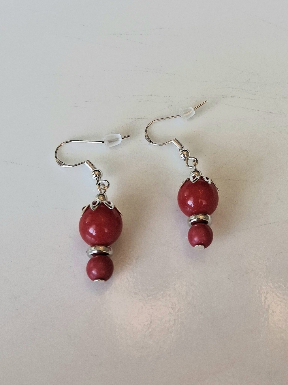 Women Classic Red Bead Drop Earrings with Silver Accents
